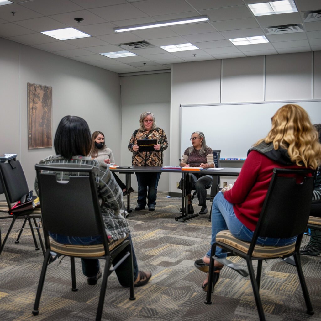 une salle de reunion avec un interprete de langue des signes pour aider les participants